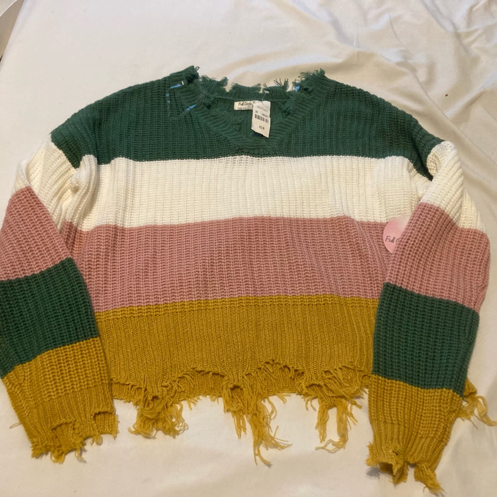 New Full Circle Trends Striped Frayed Sweater Women Size L V-neck Long Sleeve